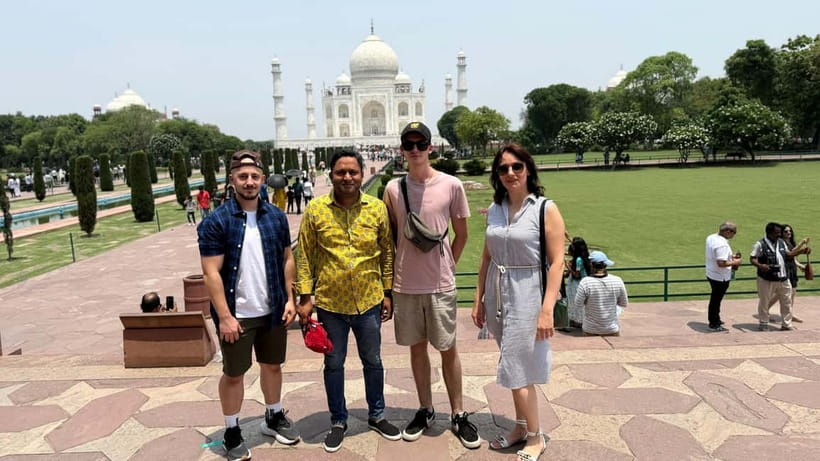 From Delhi: Private Agra & Taj Mahal Tour with 5 <em> Lunch – Key points to know before booking’ /></p>
<ul>
<li><strong>A full Delhi to Agra day:</strong> Expect roughly six to eight hours on the road, plus sightseeing and a meal.</li>
<li><strong>Private air-conditioned transport:</strong> You are picked up and dropped off at a hotel, airport, or listed location around Delhi, Noida, Gurugram, Faridabad, or nearby areas.</li>
<li><strong>Three Mughal monuments:</strong> The main stops are the Taj Mahal, Agra Fort, and Itimad Ud Daulah, also called the Baby Taj.</li>
<li><strong>A flexible guide experience:</strong> Guides are available in five languages, and past bookings specifically praised Junaid, Zameer, Mohsin Khan, and the smooth service from driver Jeetu.</li>
<li><strong>Lunch at the DoubleTree by Hilton:</strong> The buffet meal is included only when you choose the lunch option, and drinks are extra.</li>
<li><strong>Timing matters:</strong> The Taj Mahal is closed on Fridays, and tours starting after about 9:30 or 10:00 AM may not reach every planned site.</li>
</ul>
<h2>The long road from Delhi to Agra</h2>
<p><img width="867" height="650" decoding="async" src=